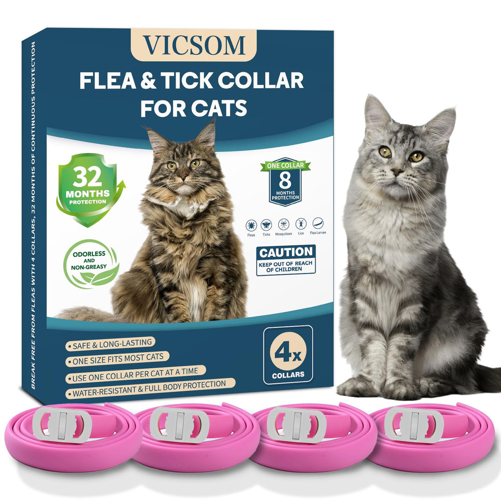 4 Pack Cat Flea Collar - Flea Collar for Cats Adjustable Waterproof Flea and Tick Prevention for Cats and Kittens - 32 Months Protection - Flea and Tick Treatment - Pink