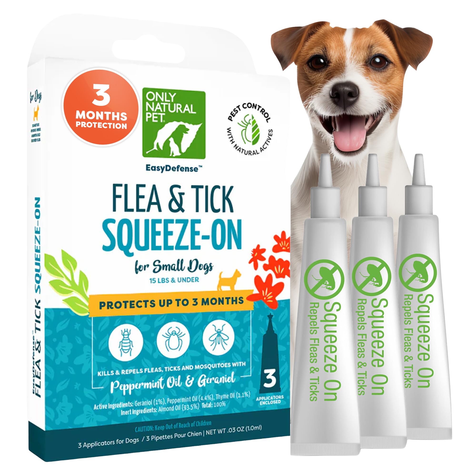Only Natural Pet EasyDefense Flea & Tick Prevention for Small Breed Dogs (up to 15 lbs) - Natural Herbal Control Squeeze-On Drops - Protects up to 3 Months (Single Applicator per Month Supply)