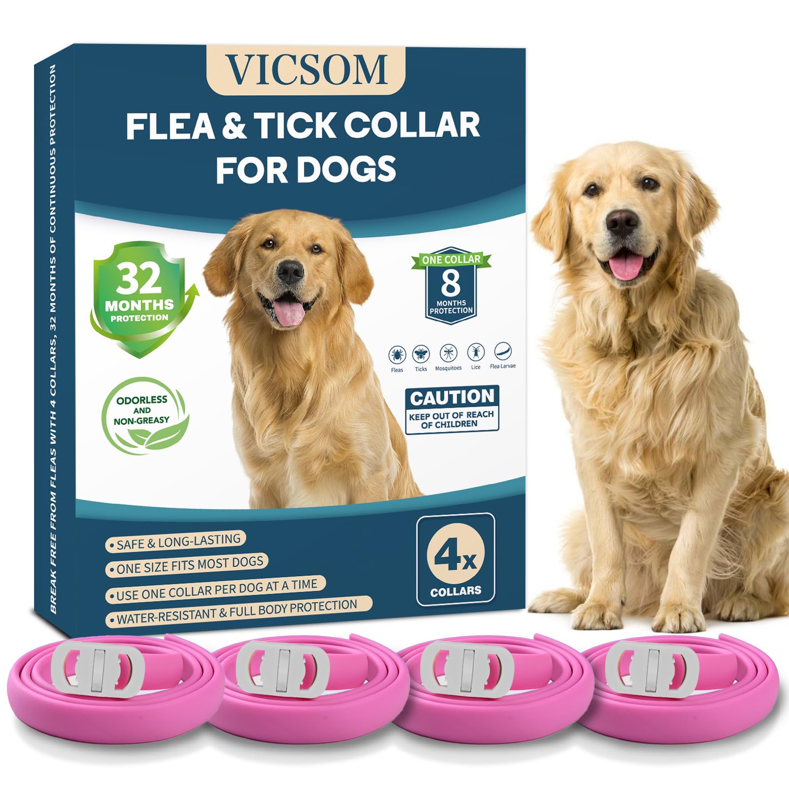 VICSOM 4 Pack Flea Collar for Dogs Flea and Tick Collar for Dogs 32 Months Flea and Tick Prevention for Dogs Dog Flea and Tick Treatment Water-Resistant & Adjustable Dog Flea Collar - Pink
