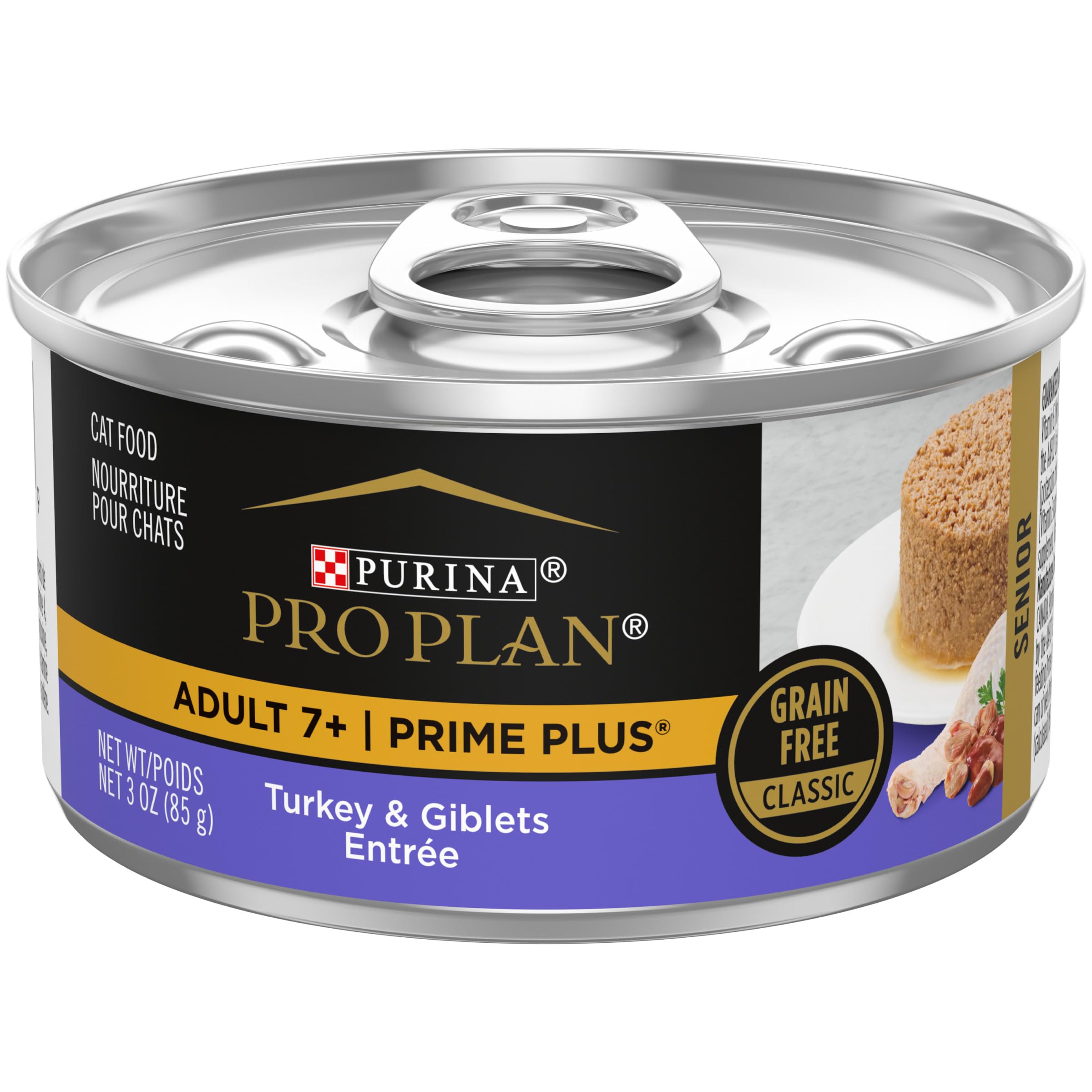 Purina Pro Plan Grain Free Senior 7+ Wet Cat Food Pate SENIOR Prime Plus Turkey & Giblets Entree - (Pack of 24) 3 oz. Pull-Top Cans