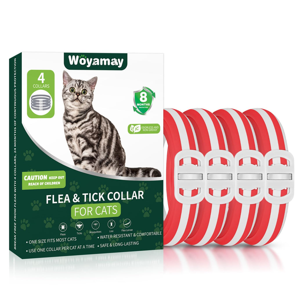 Woyamay 4 Pack Flea Collar for Cats 32 Months Flea and Tick Prevention for Cats Collar Flea and Tick Collars for Cats Waterproof Cat Flea Collar Adjustable Cat Flea and Tick Collar Red & White