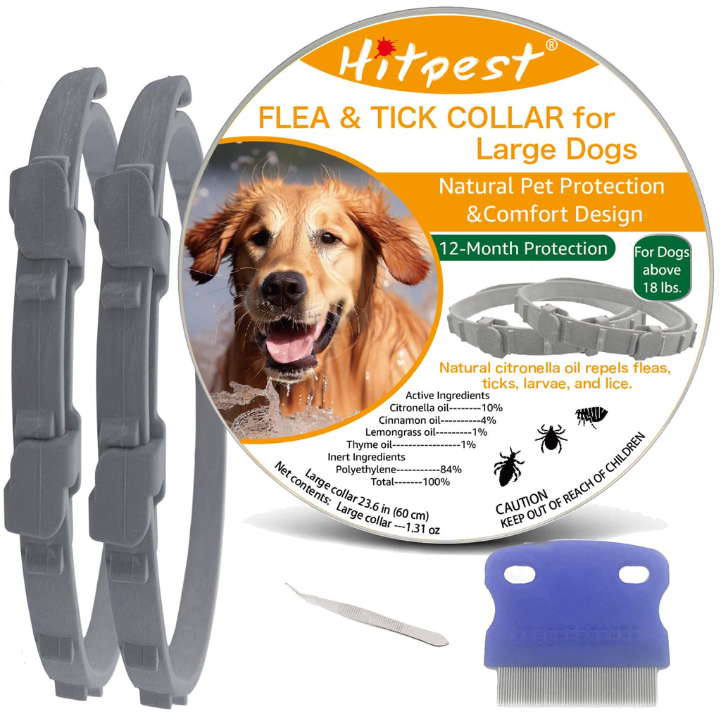 Hitpest Flea and Tick Collar for Large Dog 12-Month Full-Body Protection Natural Ingredients Free Flea Comb and Tweezers Included 2 Packs