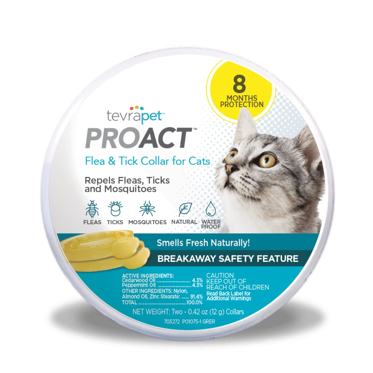 TevraPet Proact Flea and Tick Collar for Cats 8 Months of Flea and Tick Protection Repels Mosquitos - 2ct