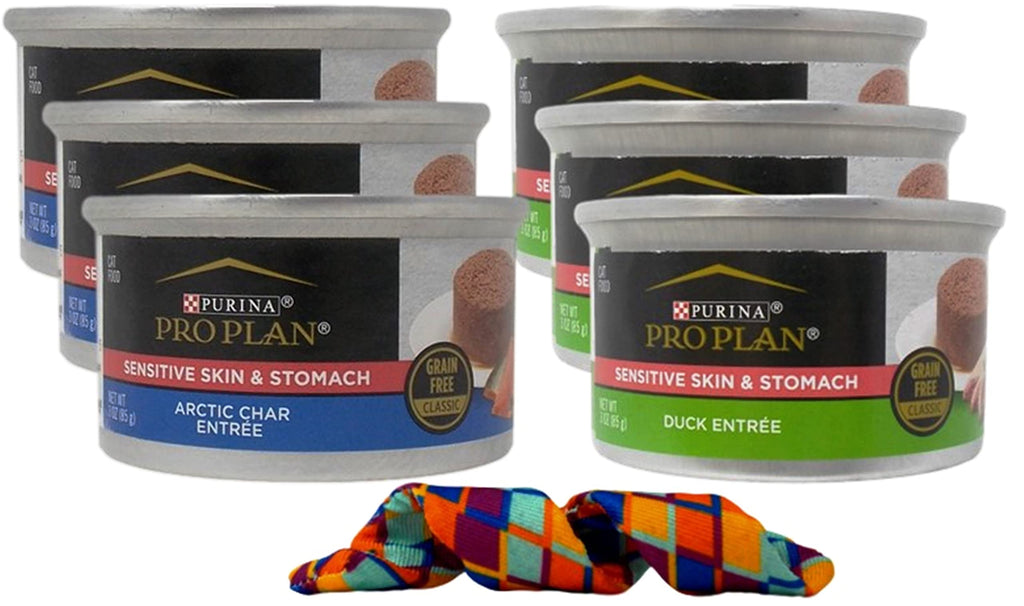 Pro Plan Wet Grain Free Cat Food Sensitive Skin and Stomach Formula 2 Flavor 6 Can Sampler Bundle with Catnip Toy (3) Each: Arctic Char Fish Duck Entree (3 Ounces)